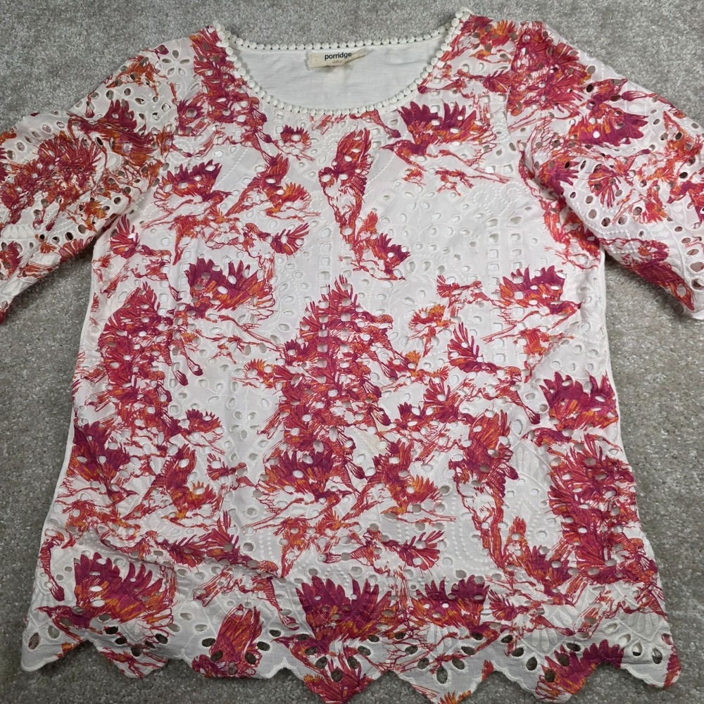 Porridge Blouse Womens Sm White Pink Orange Bird Print Eyelet Lace Pom Pom Top